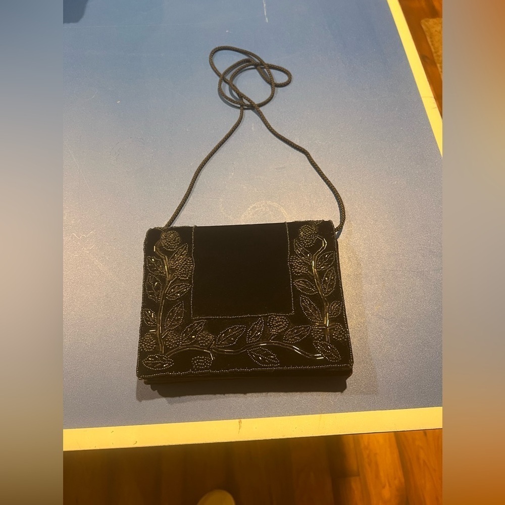 Indeed Beaded Small Clutch Strap Purse Black Maroon Velour